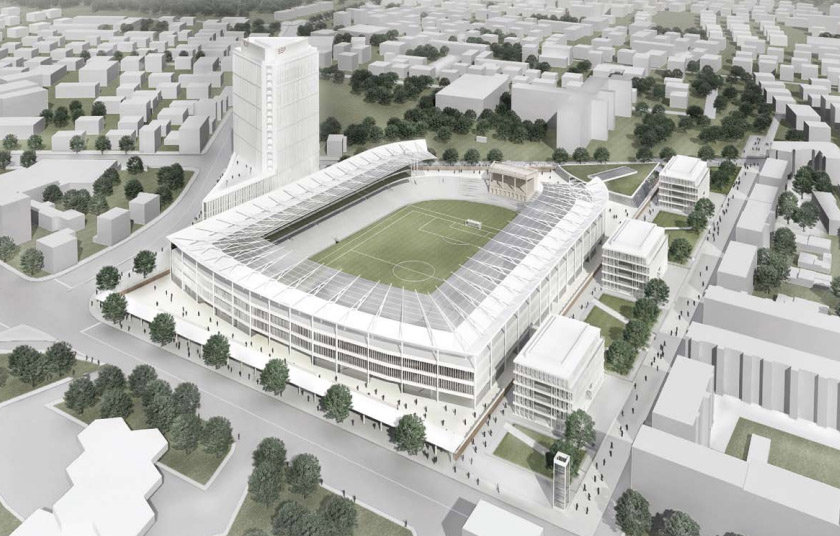 Prikaz ureditve območja Bežigrajskega športnega parka s Plečnikovim stadionom, kot jo predvideva zmagovalna rešitev natečaja.