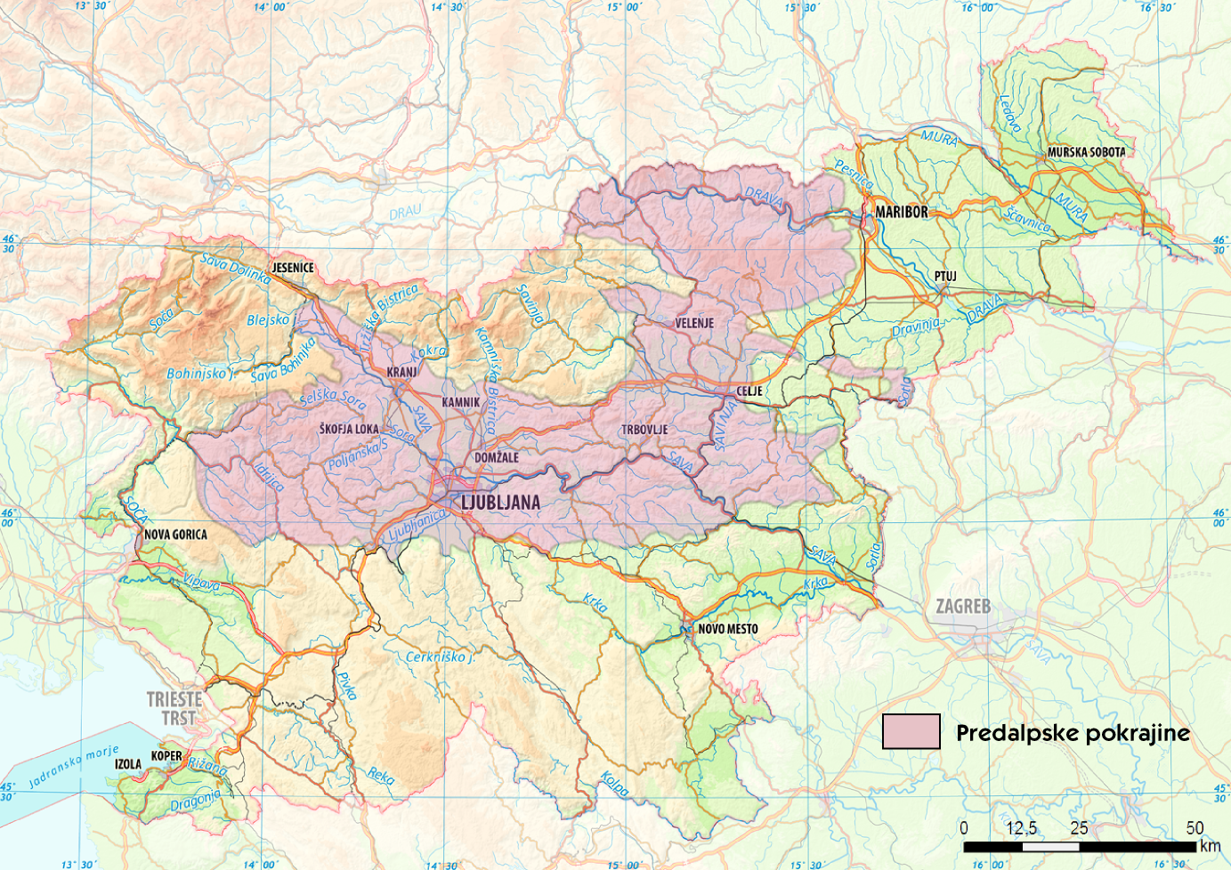 Predalpske pokrajine na zemljevidu Slovenije