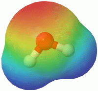 Porazdelitev naboja v molekuli vode, H<sub>2</sub>O