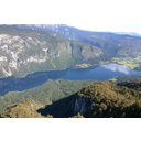 0322_jezero_bohinj.jpg<>Bohinjsko jezero je naše največje stalno in naravno jezero. Njegova površina znača 3,3 km², največja globina pa 45 metrov. Pomemnejše ribje vrste so jezerska postrv, klen in pisanec, ki jih ogroža umeto prinešena jezerska zlatovčica.